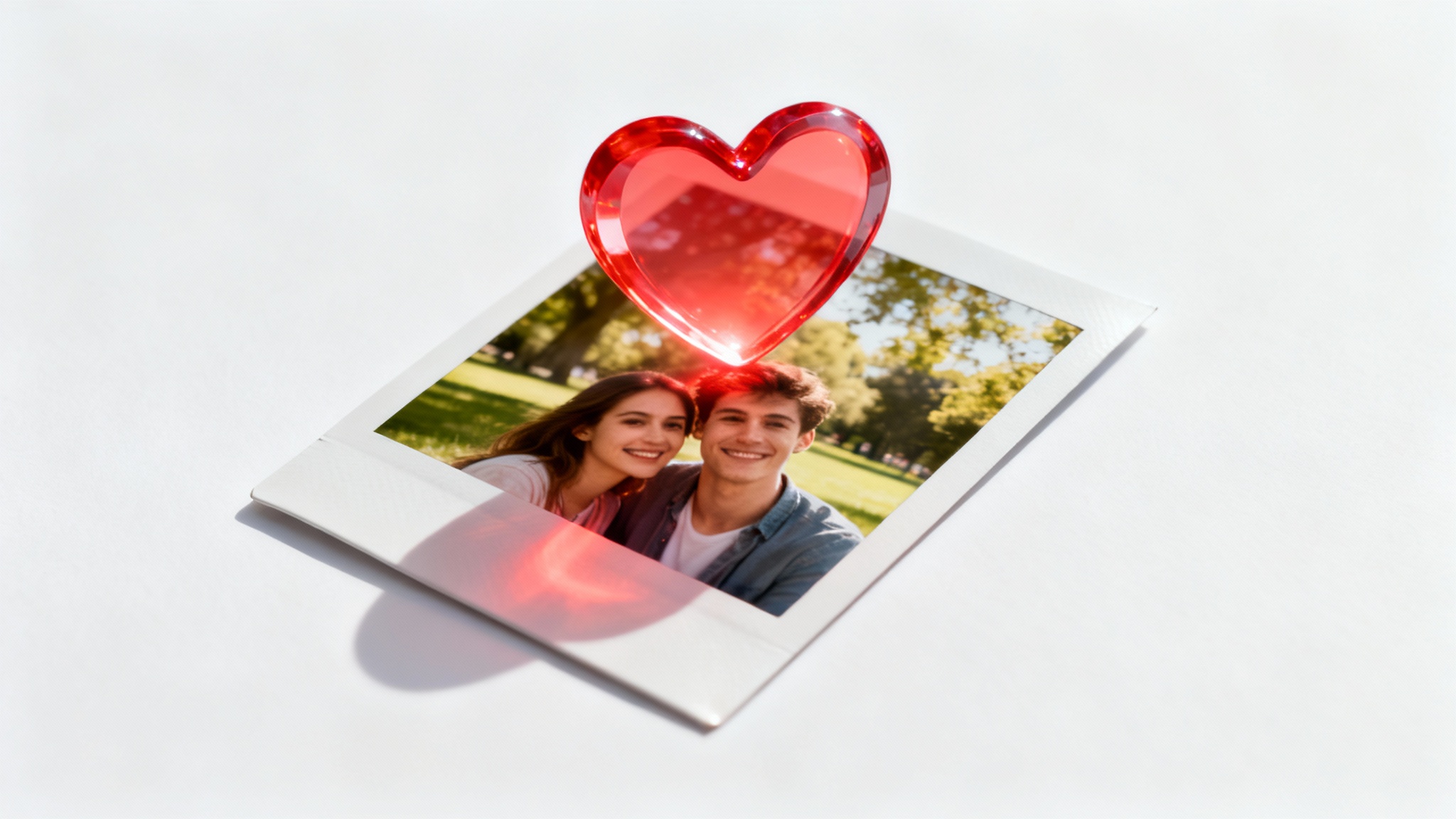 A polaroid photo of a happy couple lies on a white surface, with a glowing red heart icon floating above it, symbolizing the concept of adding a heart to a photo.