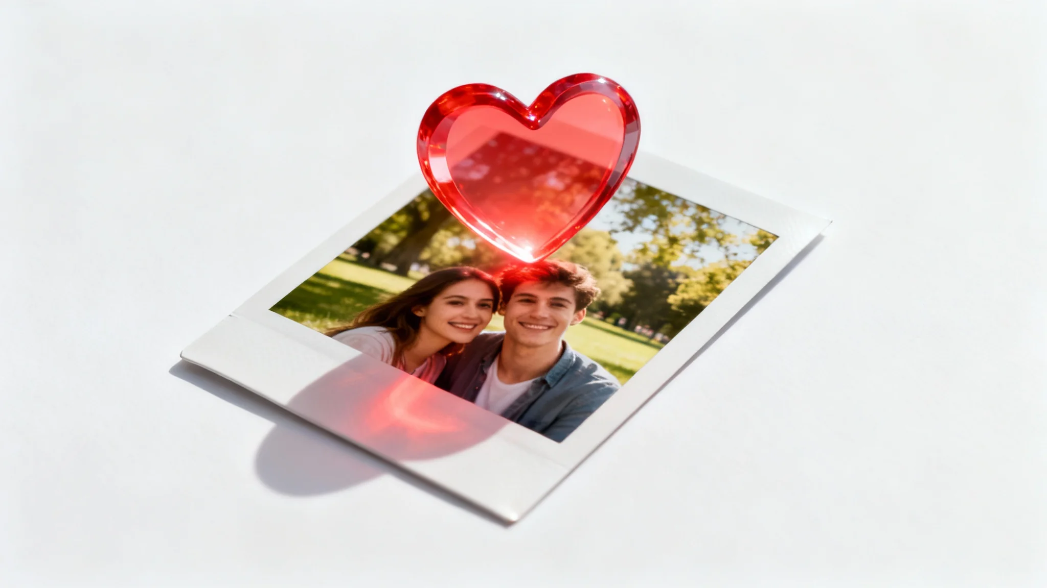 A polaroid photo of a happy couple lies on a white surface, with a glowing red heart icon floating above it, symbolizing the concept of adding a heart to a photo.