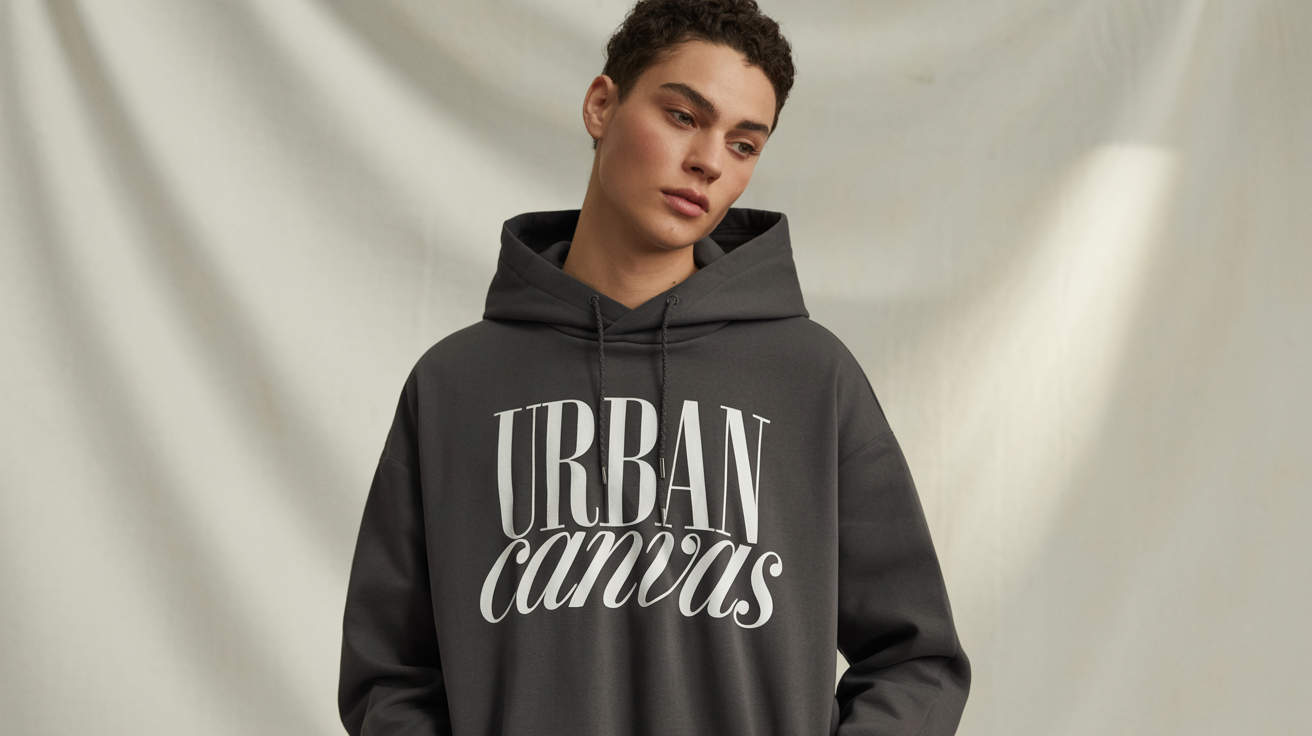A close-up shot of a person wearing a charcoal gray hoodie featuring a professional typographic design on the chest that reads 'URBAN CANVAS' in stylish mixed fonts.