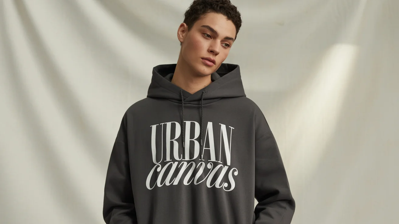 A close-up shot of a person wearing a charcoal gray hoodie featuring a professional typographic design on the chest that reads 'URBAN CANVAS' in stylish mixed fonts.