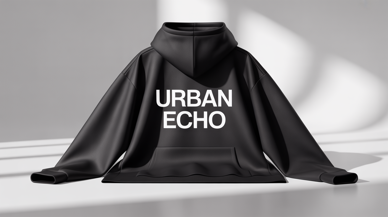 A professional mockup of a black hoodie with the words 'URBAN ECHO' printed in white typography, laid flat on a white background.
