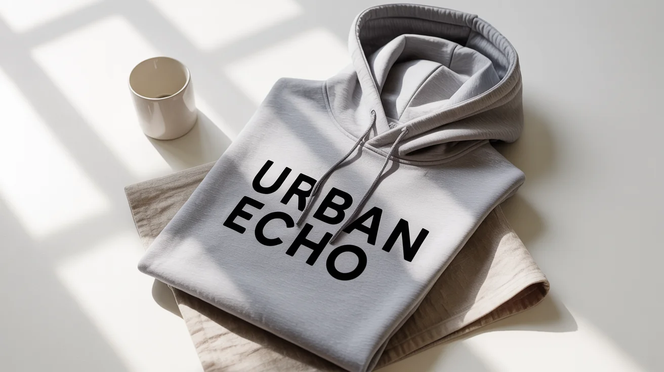 A flat lay image of a heather gray hoodie on a white background, featuring a modern typography design on the chest that reads 'URBAN ECHO' in black.