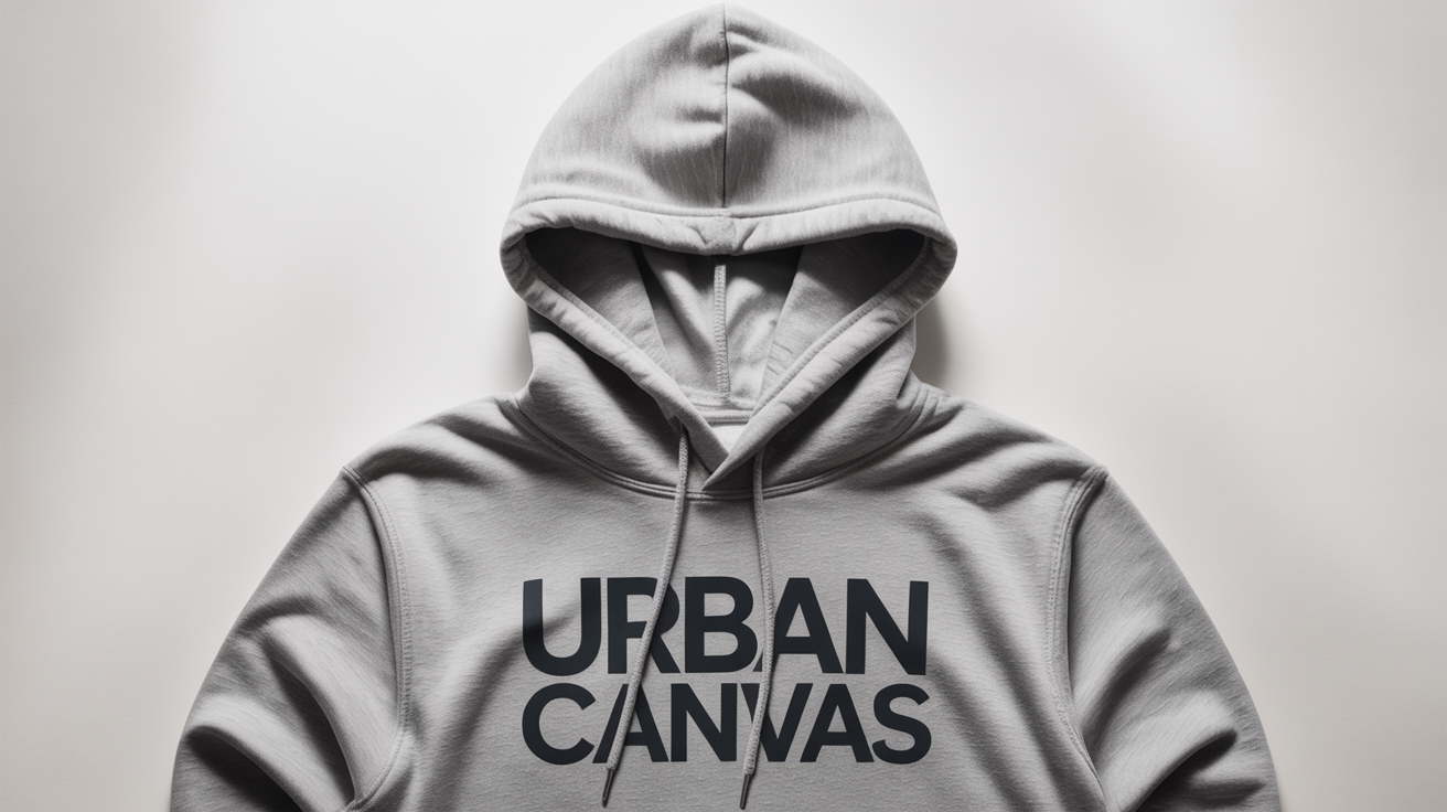 A flat-lay product shot of a heather grey hoodie with the words 'URBAN CANVAS' printed in black typography on the chest, against a solid white background.
