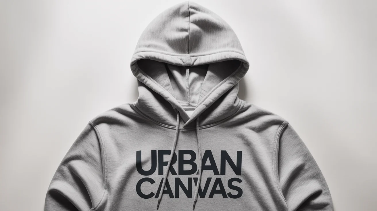 A flat-lay product shot of a heather grey hoodie with the words 'URBAN CANVAS' printed in black typography on the chest, against a solid white background.