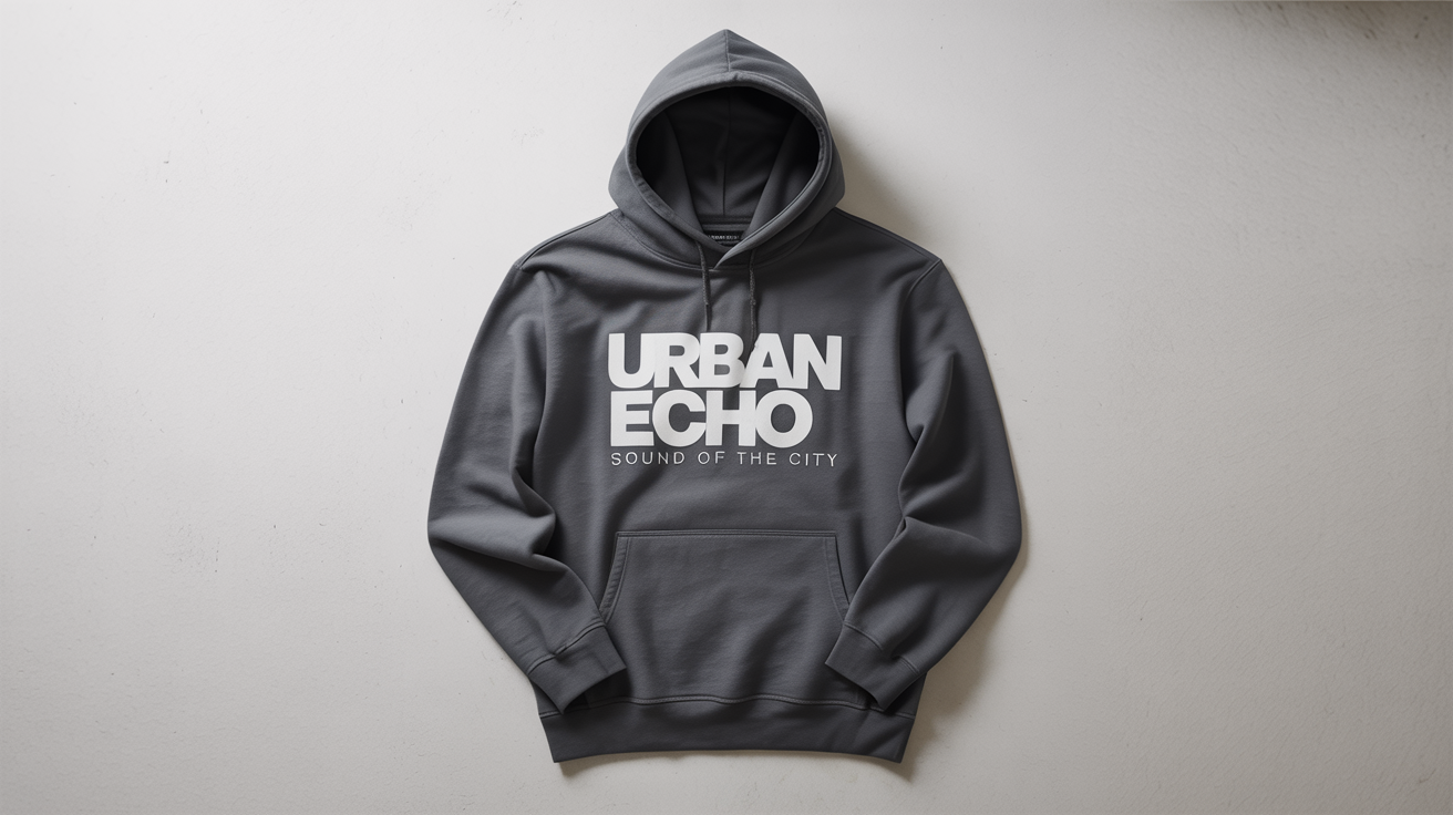 A flat-lay product shot of a charcoal grey hoodie on a white background, featuring a white typographic design on the chest that reads 'URBAN ECHO' and 'SOUND OF THE CITY'.