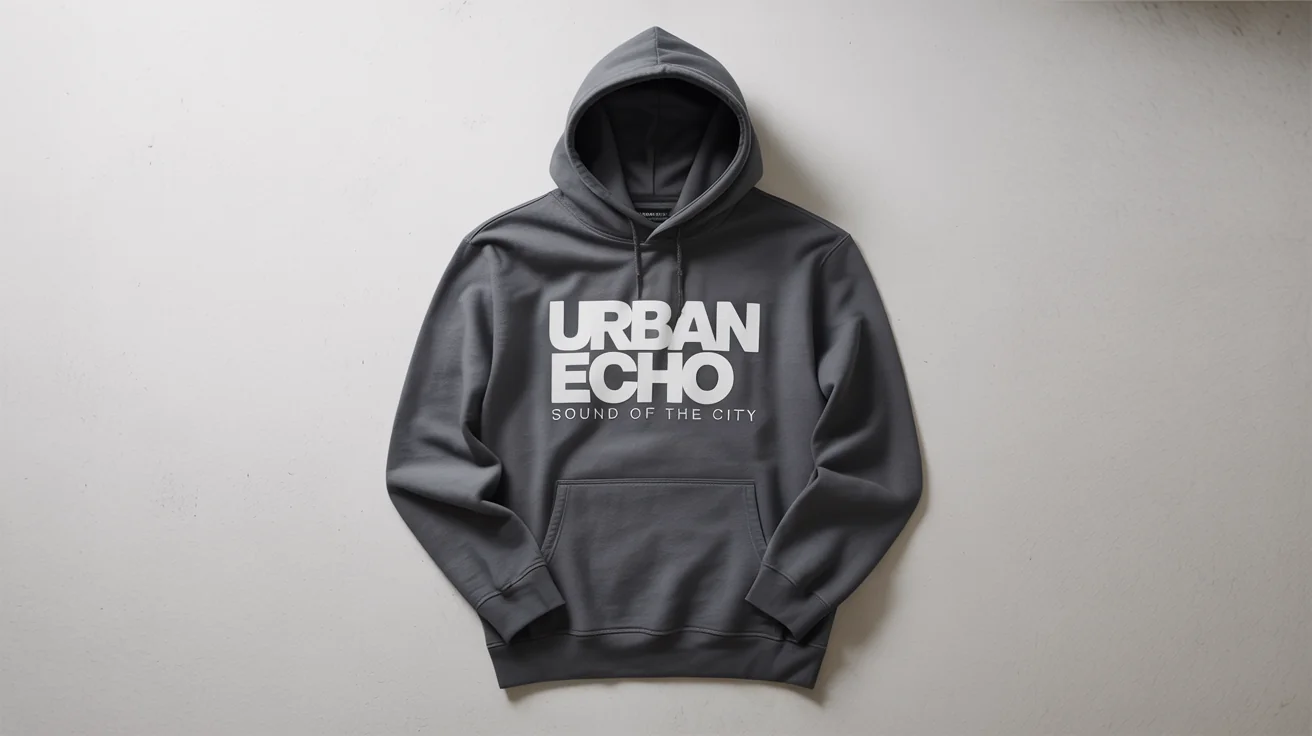 A flat-lay product shot of a charcoal grey hoodie on a white background, featuring a white typographic design on the chest that reads 'URBAN ECHO' and 'SOUND OF THE CITY'.