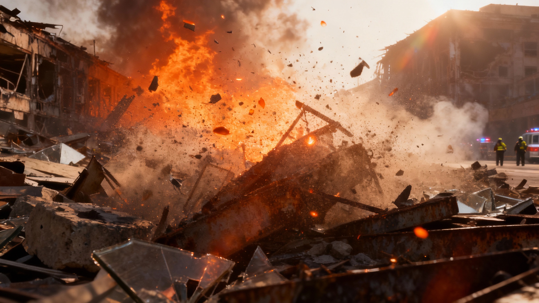 A dramatic, cinematic view of a city street right after an explosion, with debris, dust, and embers flying towards the viewer in sharp focus, all lit by a fiery glow.