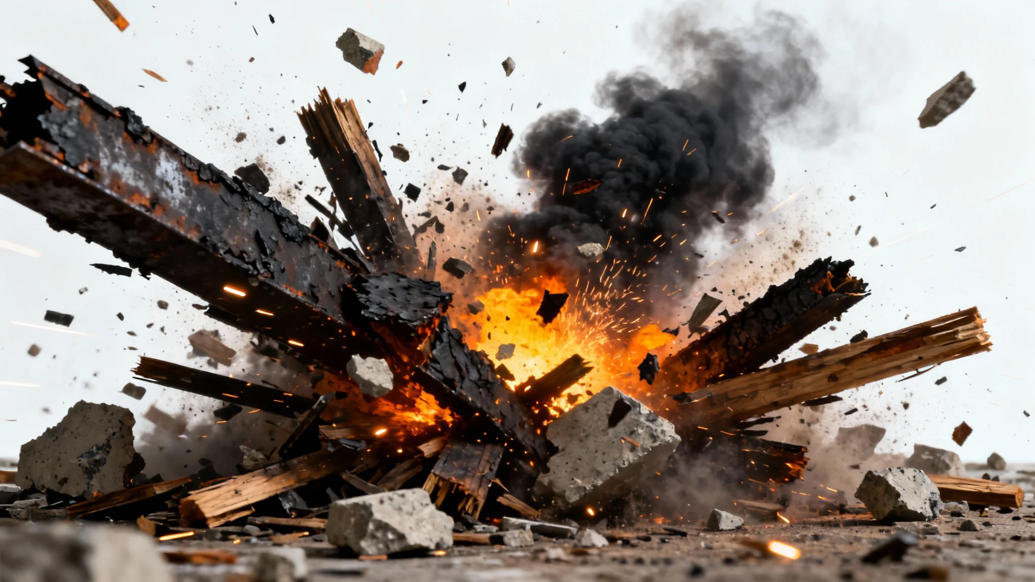 A photorealistic mockup of explosion debris, featuring flying metal shards, concrete chunks, sparks, and smoke, all frozen in motion against a clean white background.