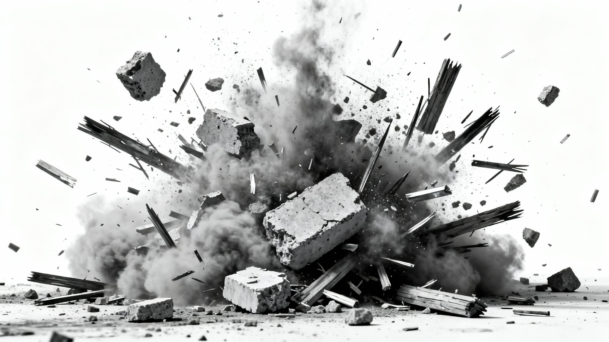 A photorealistic image of explosion debris, including concrete chunks and metal shards, frozen in mid-air against a clean white background.