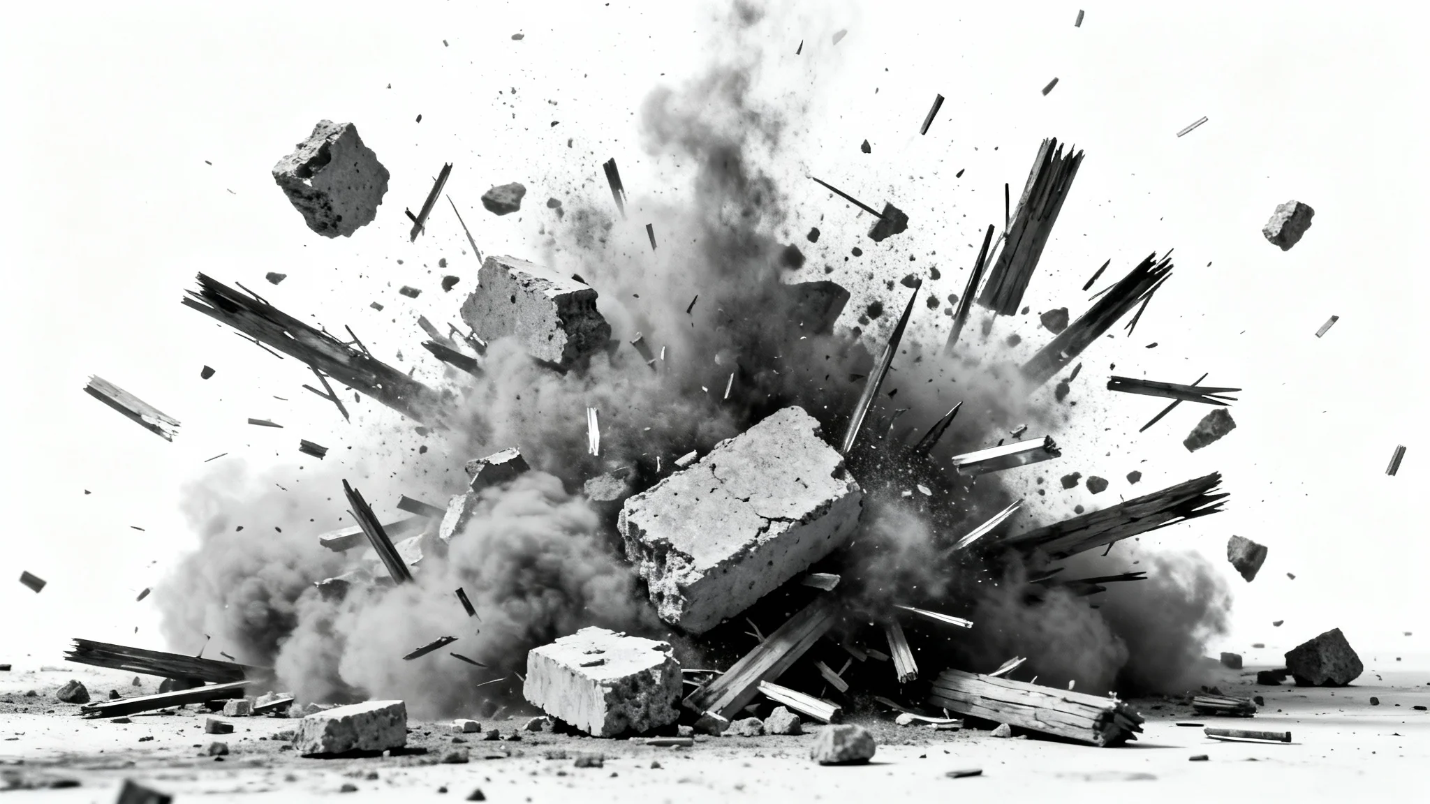 A photorealistic image of explosion debris, including concrete chunks and metal shards, frozen in mid-air against a clean white background.