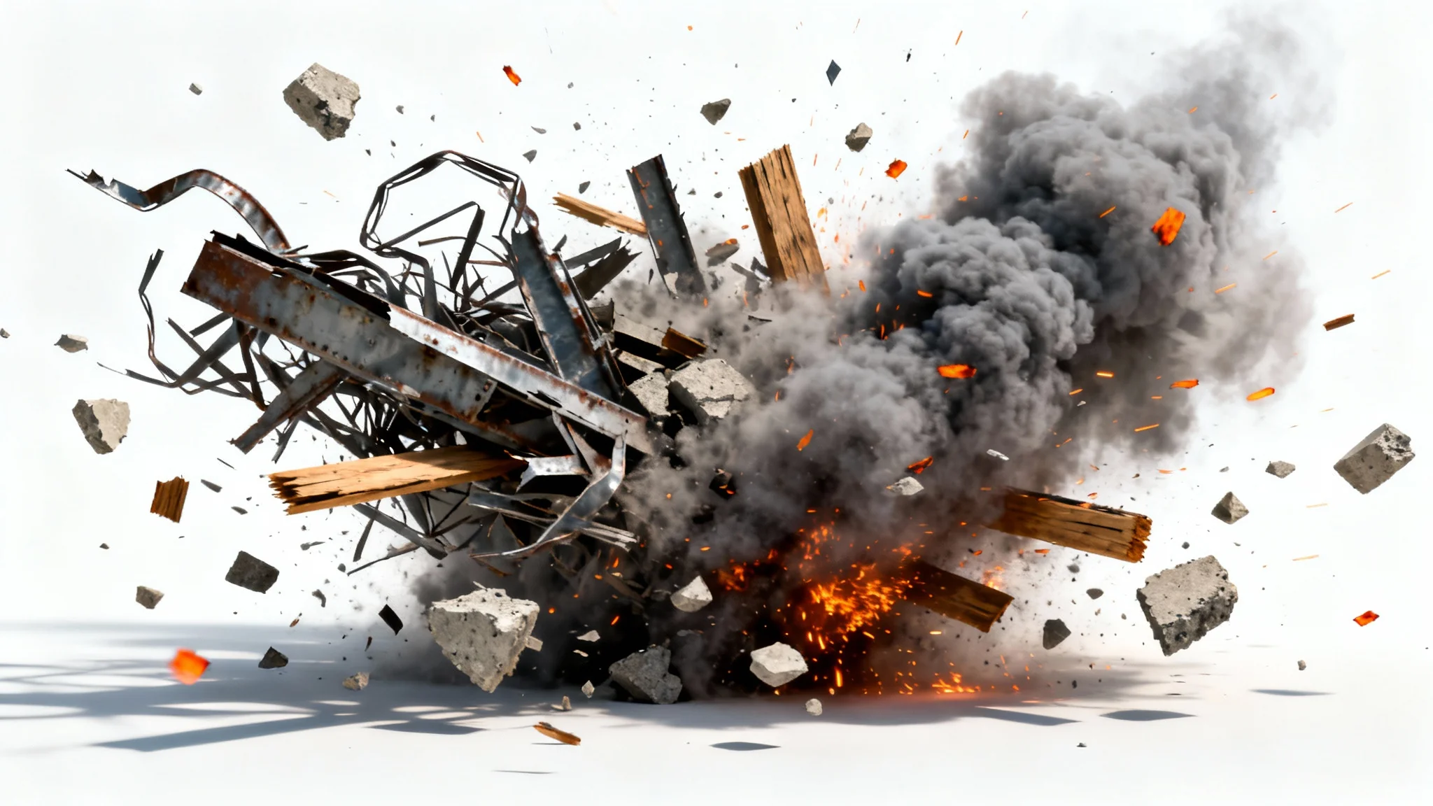 A photorealistic image of explosion debris, including metal shards, splintered wood, and concrete fragments, frozen in mid-air against a stark white background.