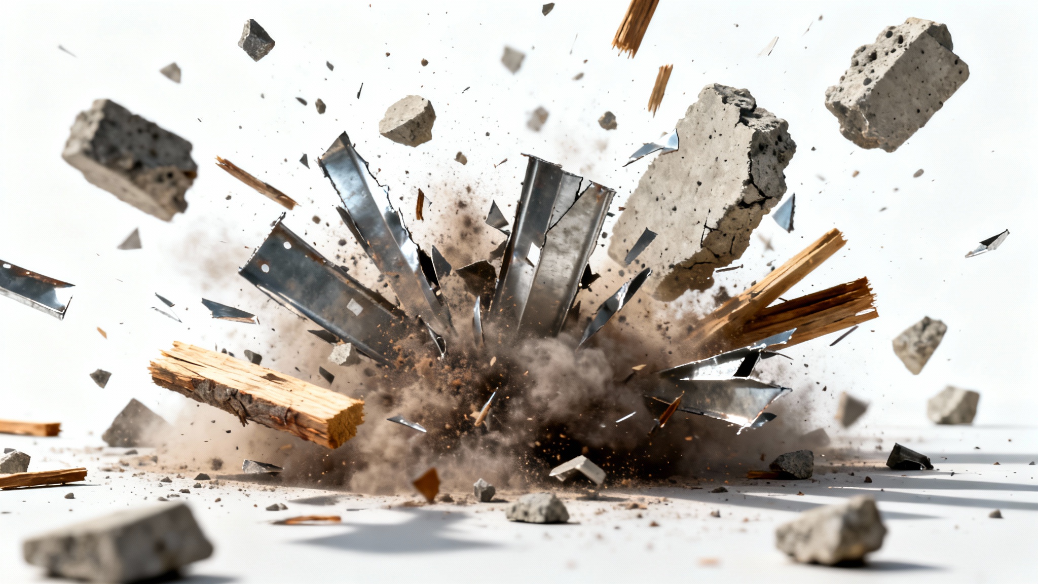 A freeze-frame, photorealistic image of explosion debris, including metal shards and concrete fragments, suspended in mid-air against a plain white background.