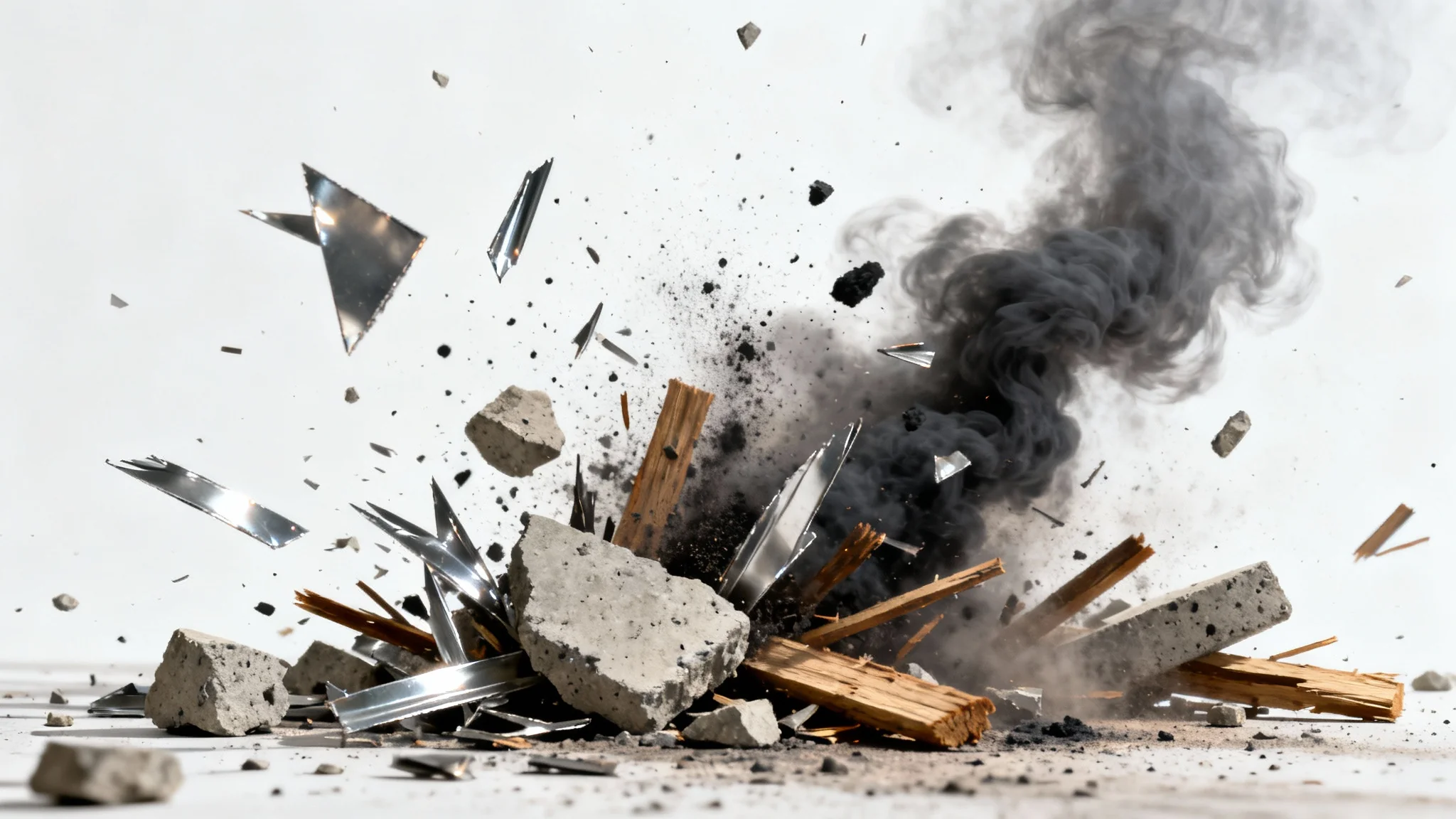 A photorealistic image of explosion debris, including sharp metal, concrete fragments, and dust, frozen in mid-air against a plain white background, designed as an overlay element.