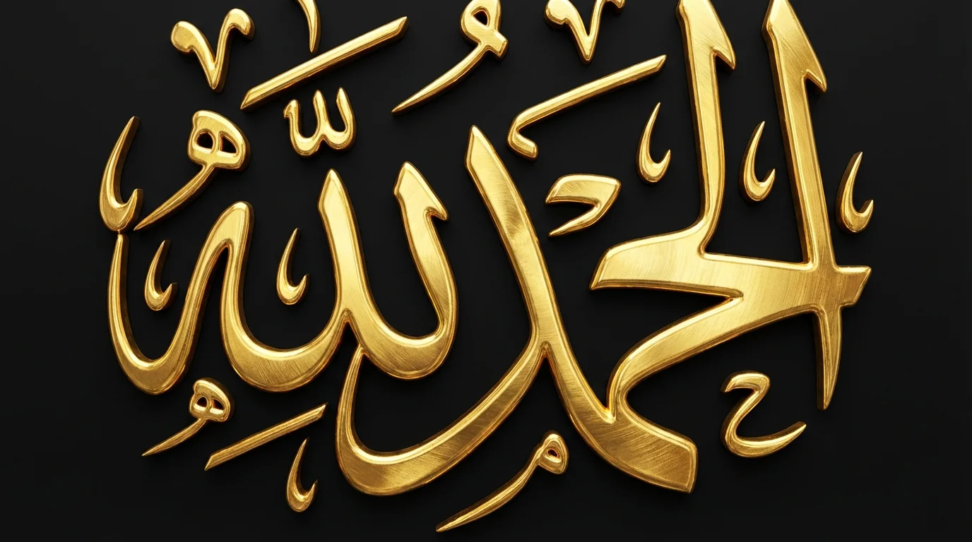 Digital artwork of the Arabic phrase 'Al-ḥamdu lillāh' written in ornate, gold Thuluth calligraphy on a solid black background.