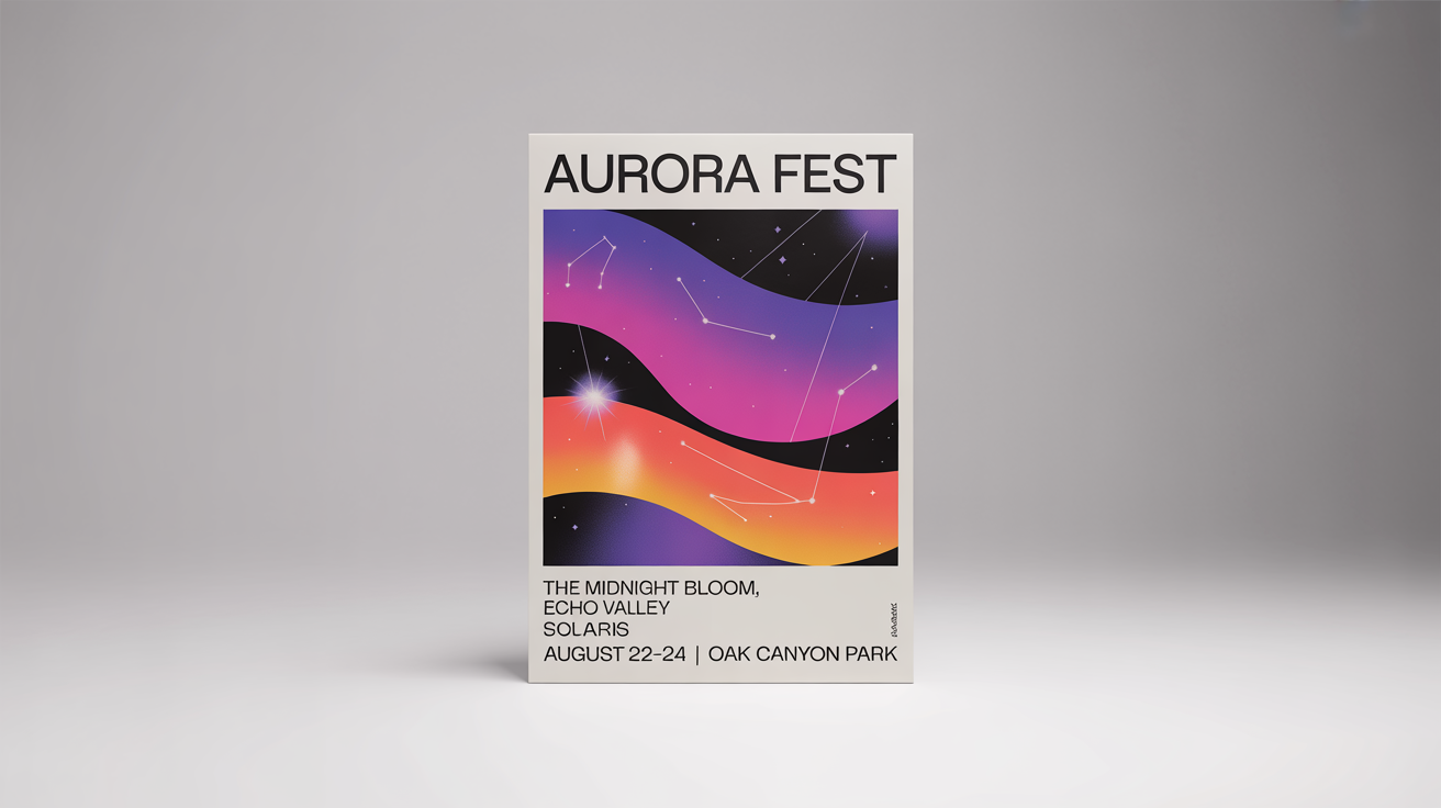 A professionally designed music festival poster for an event called 'Aurora Fest', featuring a vibrant color scheme and modern typography, displayed against a clean background.