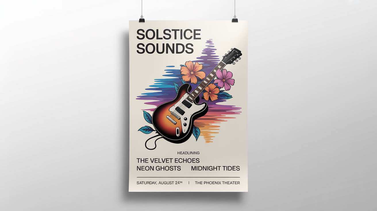 A modern music festival poster mockup for 'Solstice Sounds', featuring a stylized electric guitar and psychedelic flowers on a white background.
