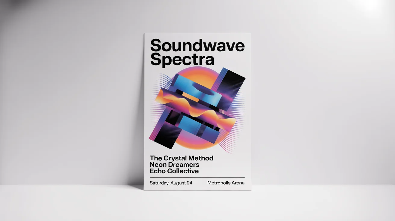 A modern music poster for the 'Soundwave Spectra' festival, featuring abstract shapes in blue, orange, and purple. The poster lists fictional bands and event details, all set against a plain white background.
