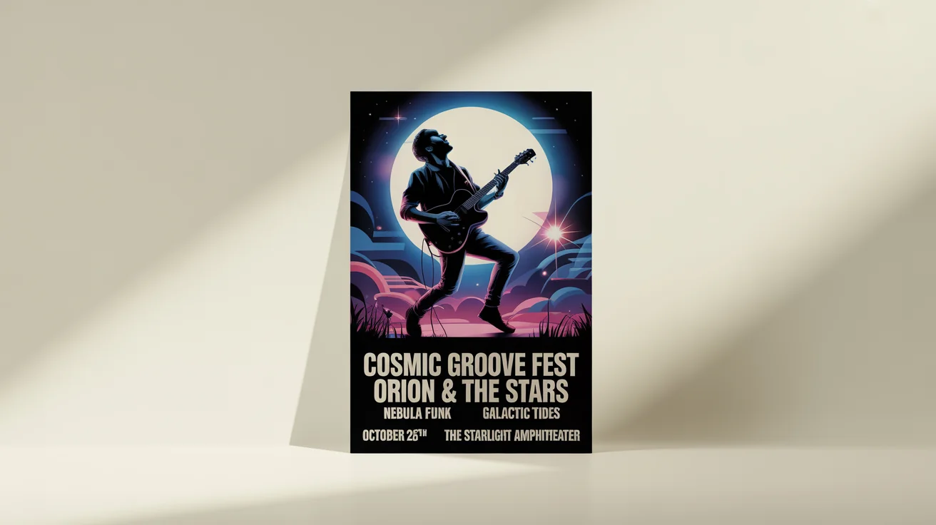 A mockup of a vibrant music festival poster for 'COSMIC GROOVE FEST', featuring a stylized guitarist against a full moon. The poster is displayed against a clean white background.