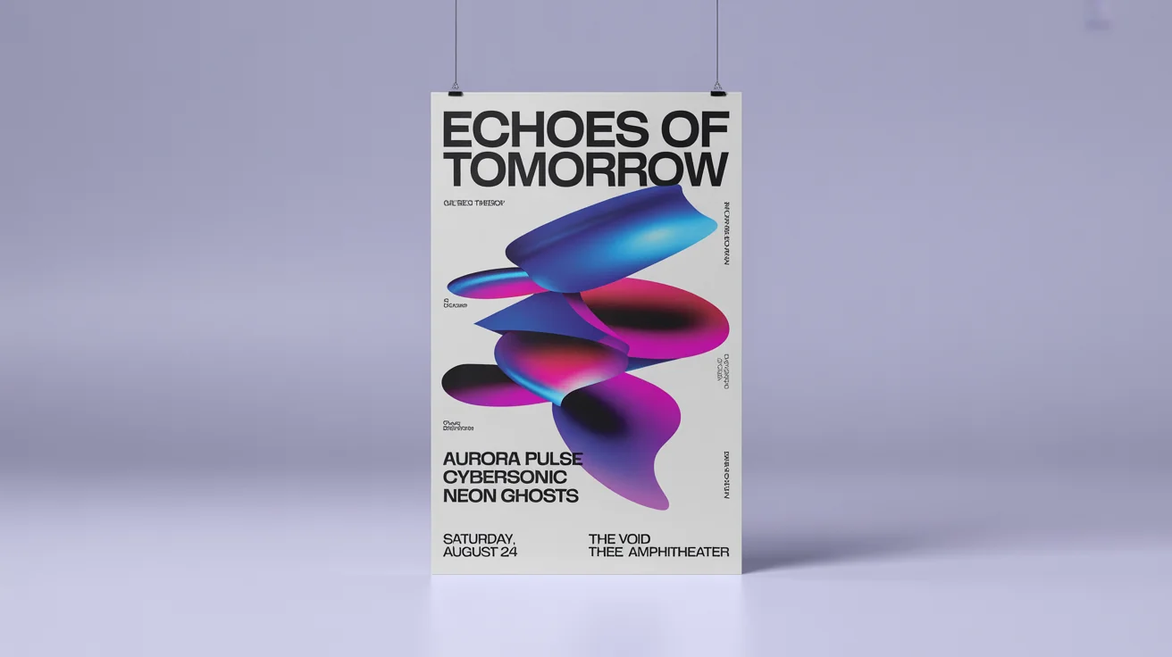 A modern music poster mockup for a festival called 'Echoes of Tomorrow', featuring a futuristic design with neon colors and bold text, set against a plain white background.
