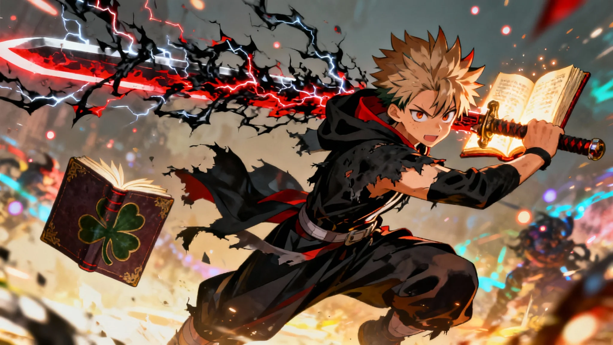 An epic anime-style hero image of Asta from Black Clover, powerfully wielding his anti-magic sword amidst a magical battle, with his five-leaf clover grimoire glowing at his side.