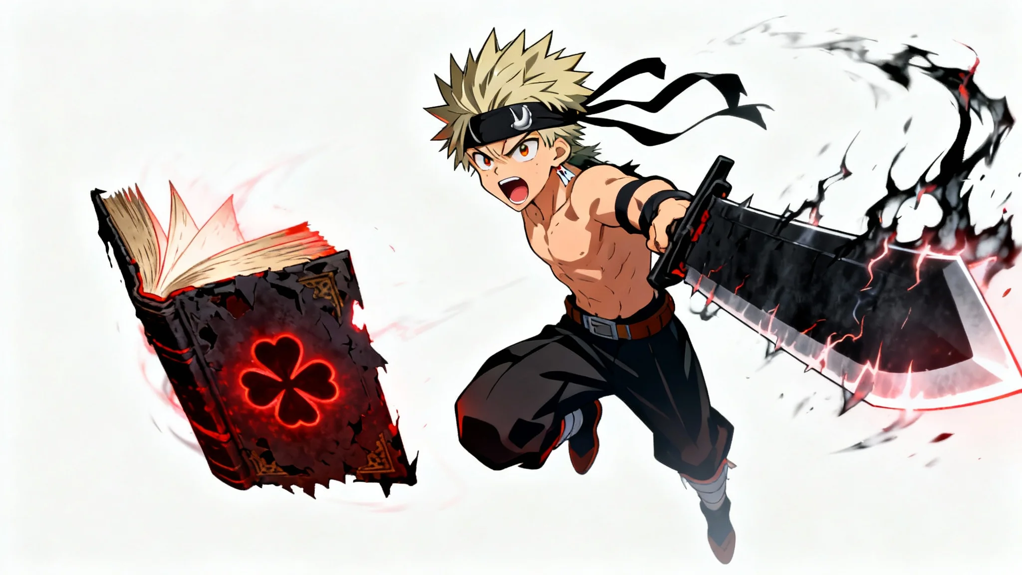 An anime-style illustration of Asta from Black Clover in a dynamic action pose against a white background. He is wielding his large black sword, and his five-leaf clover grimoire floats beside him.