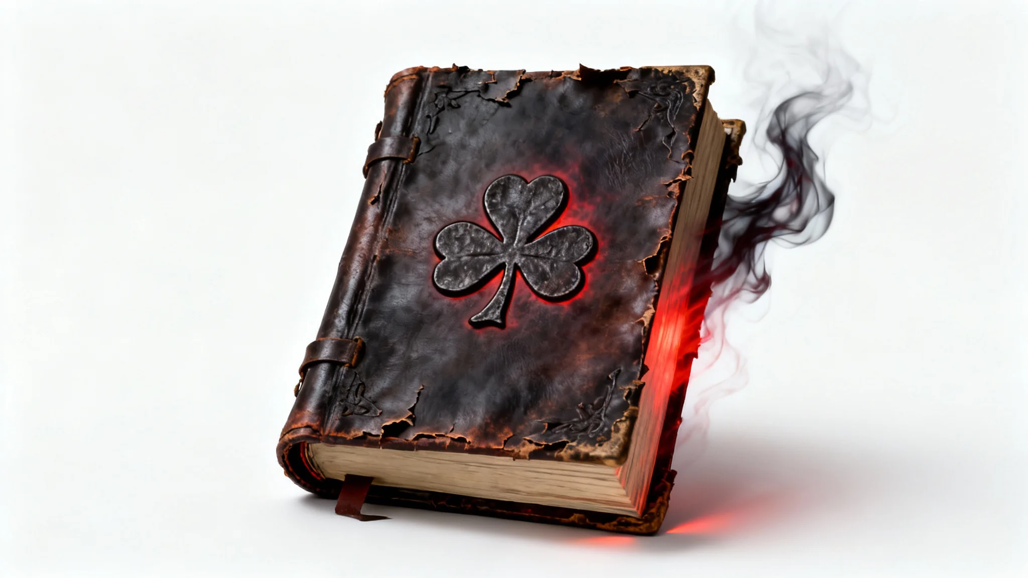 A detailed mockup of the dark, weathered five-leaf clover grimoire from the anime Black Clover, glowing with ominous red energy against a stark white background.