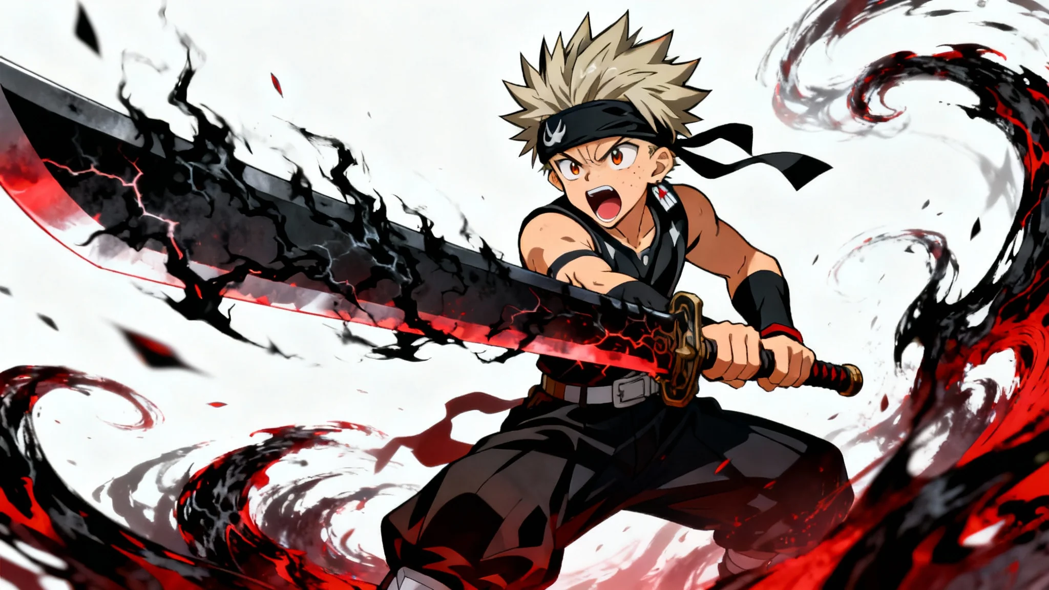 An anime-style illustration of Asta from Black Clover in a powerful pose, wielding his large sword as dark energy swirls around him on a white background.