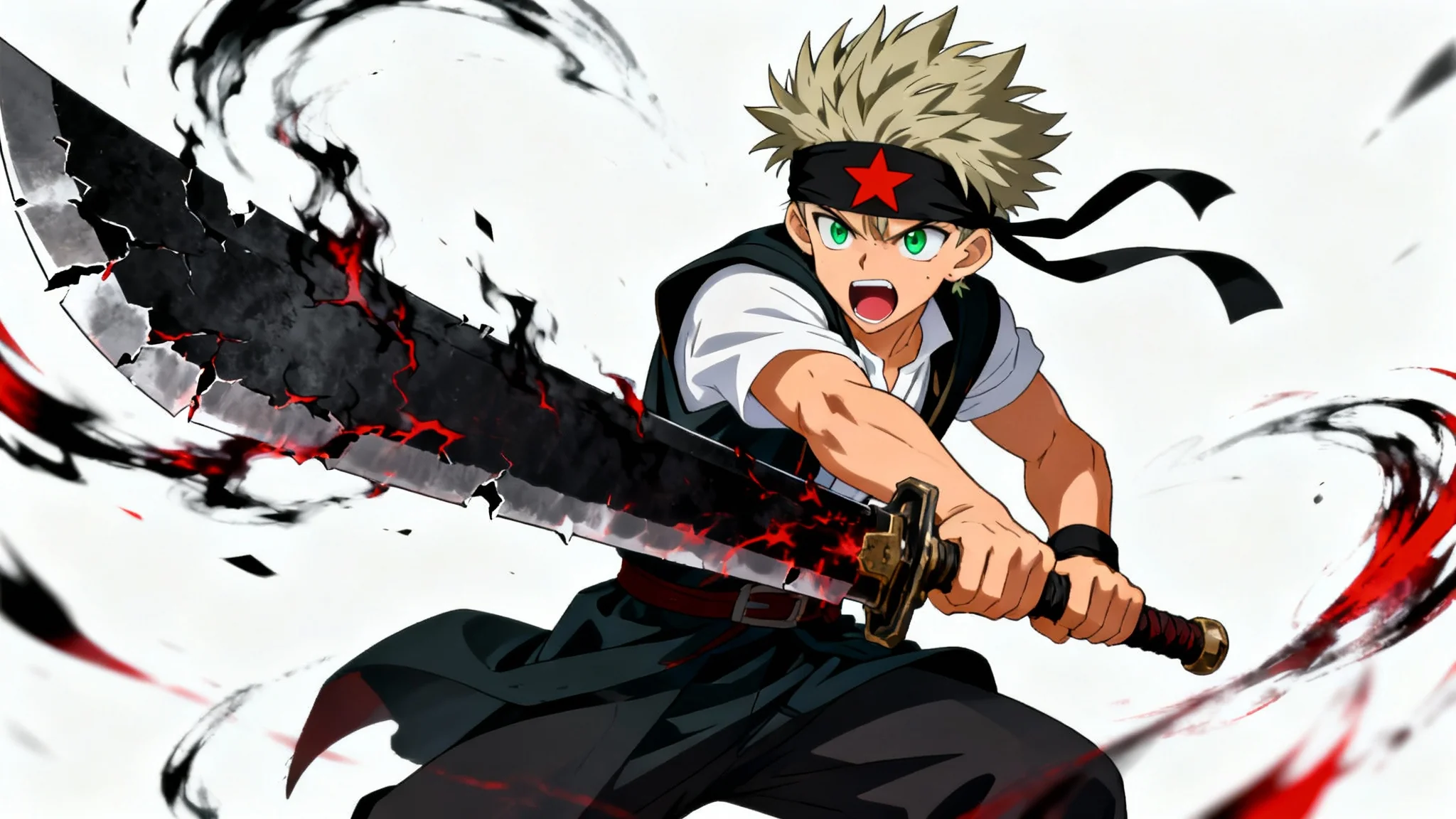 An anime-style illustration of Asta from Black Clover, shouting as he powerfully swings his large black anti-magic sword, surrounded by dark energy against a clean white background.