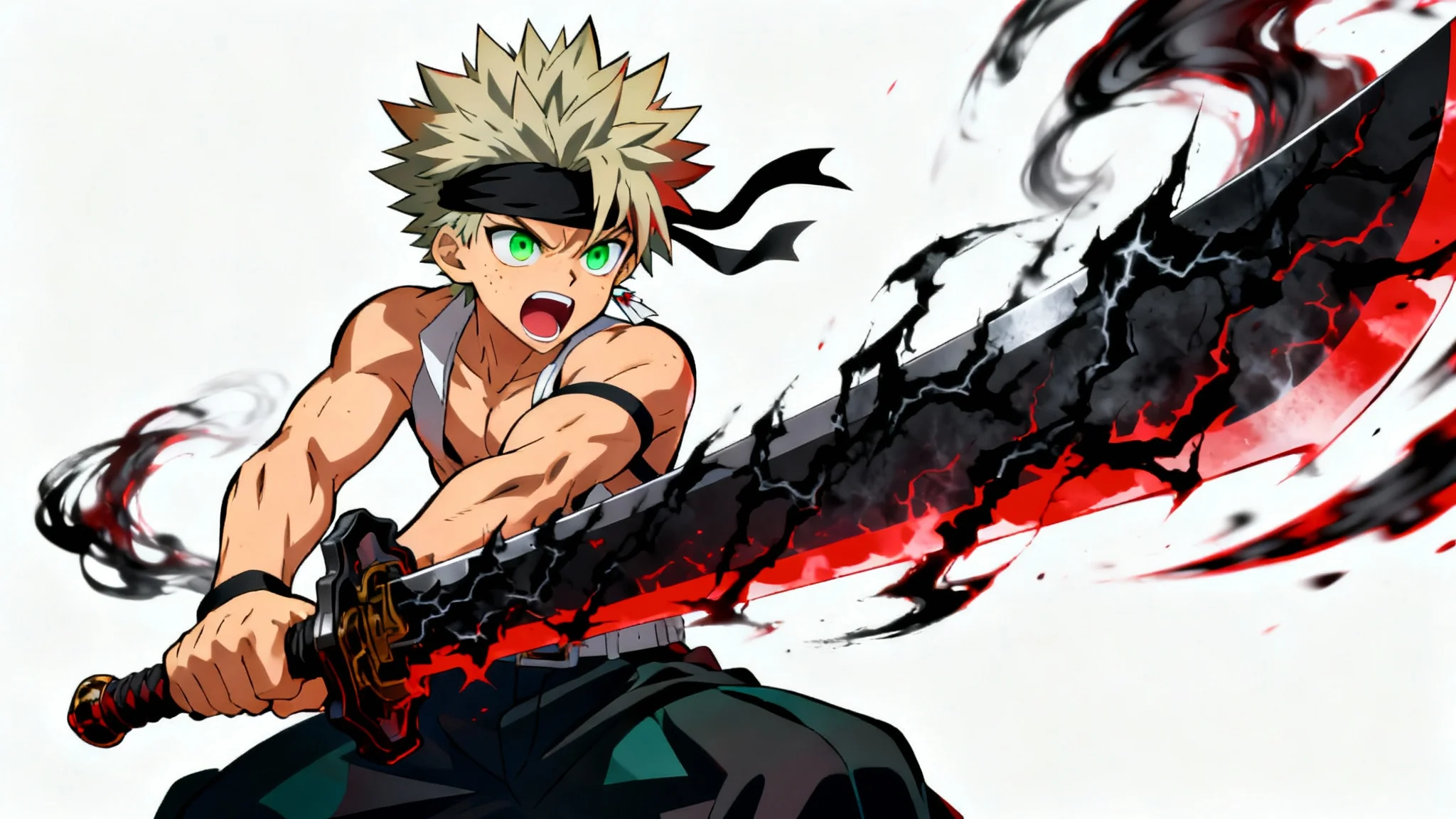 A dynamic anime illustration of Asta from Black Clover, shouting in a battle pose against a white background. He is wielding his large anti-magic sword, which is glowing with dark energy.