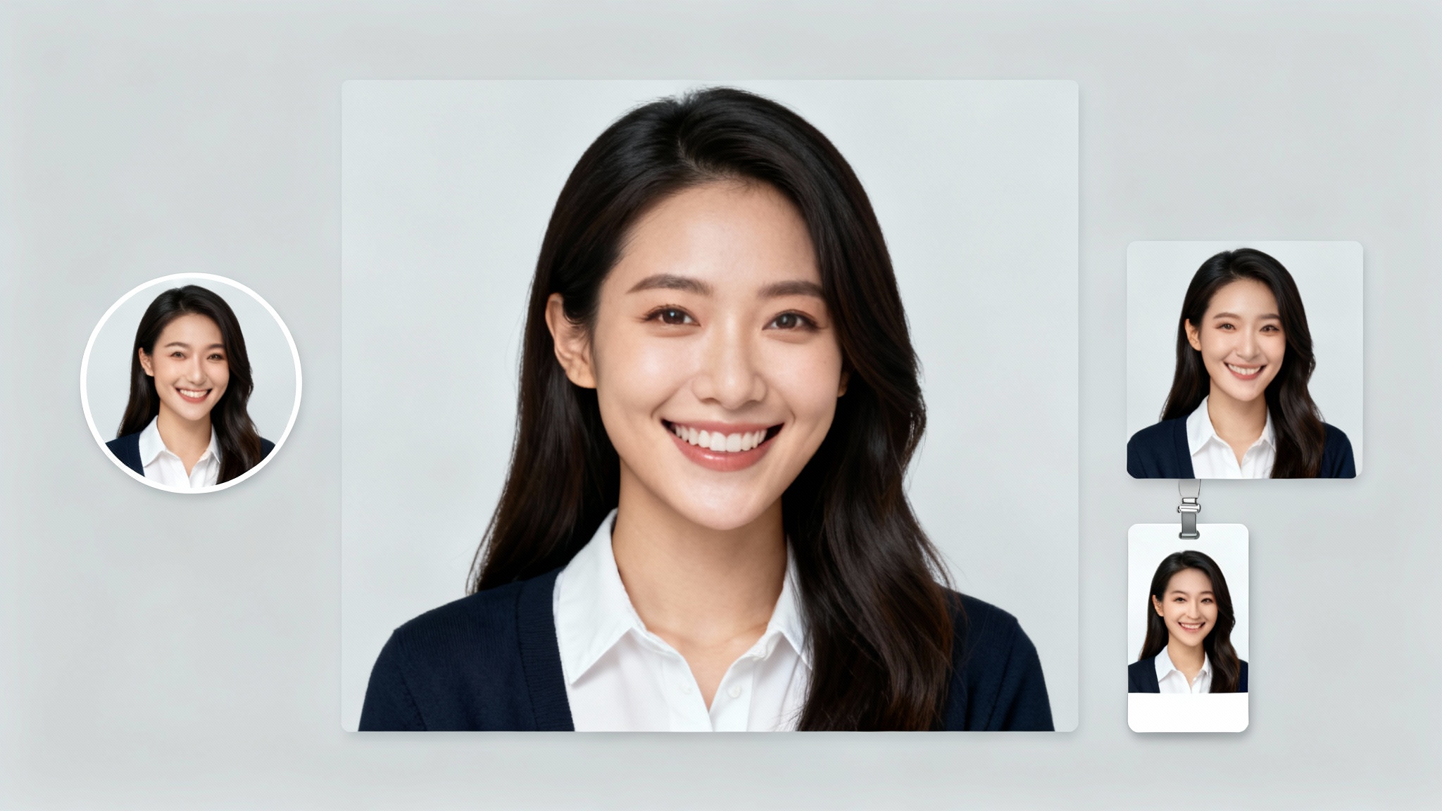 A professional headshot of a woman is shown in multiple resized formats against a light gray background, demonstrating a headshot resizer tool.