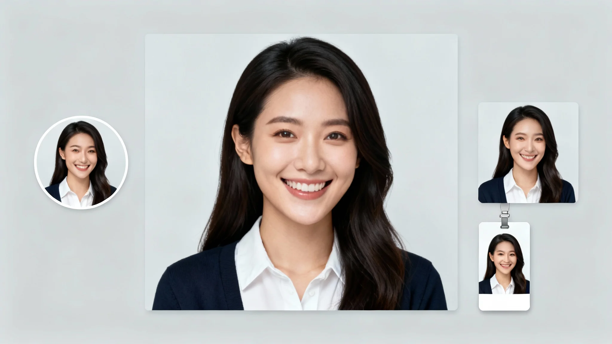 A professional headshot of a woman is shown in multiple resized formats against a light gray background, demonstrating a headshot resizer tool.