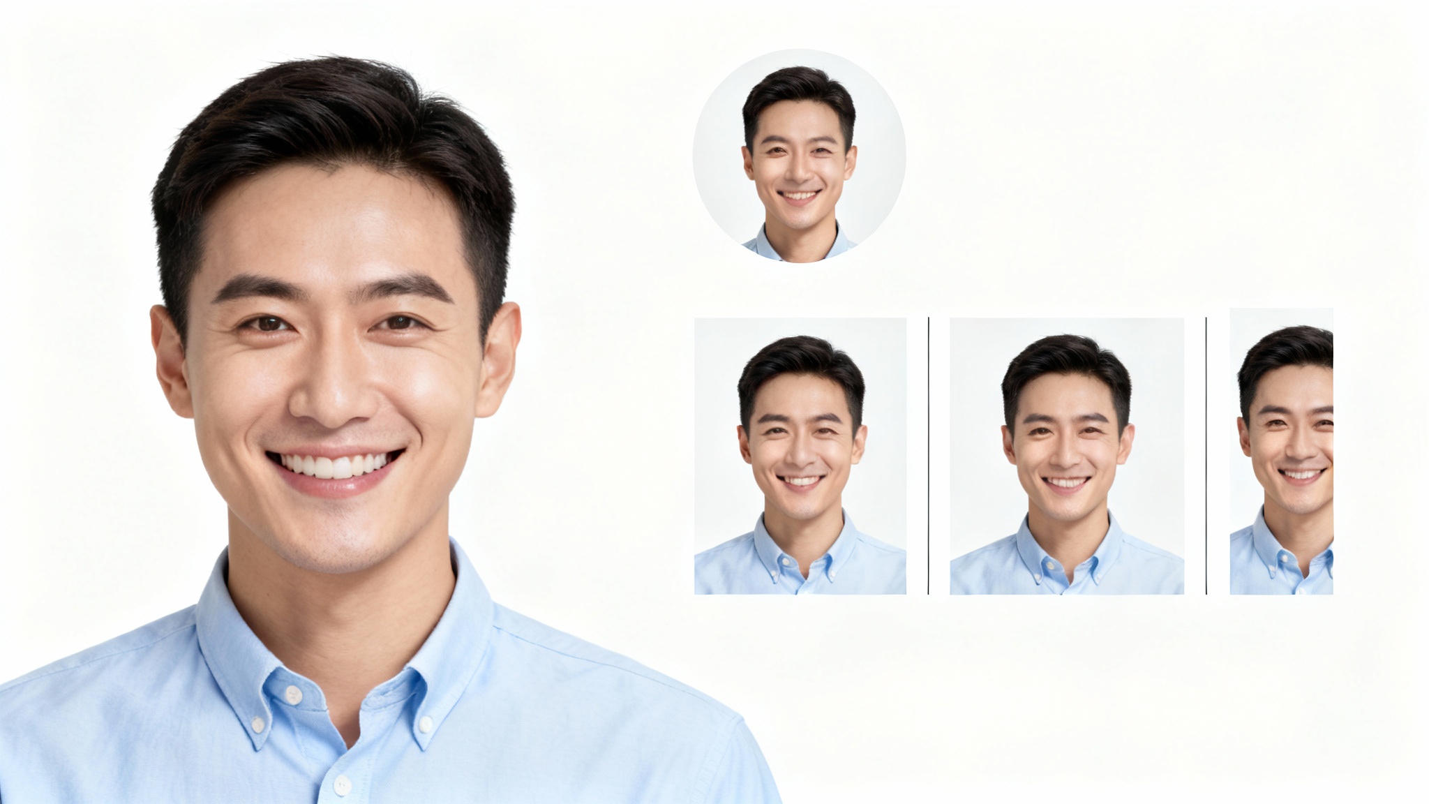 A professional headshot of a smiling man is displayed in its original size next to three smaller, resized versions cropped into a circle, a square, and a rectangle, demonstrating a headshot resizer.