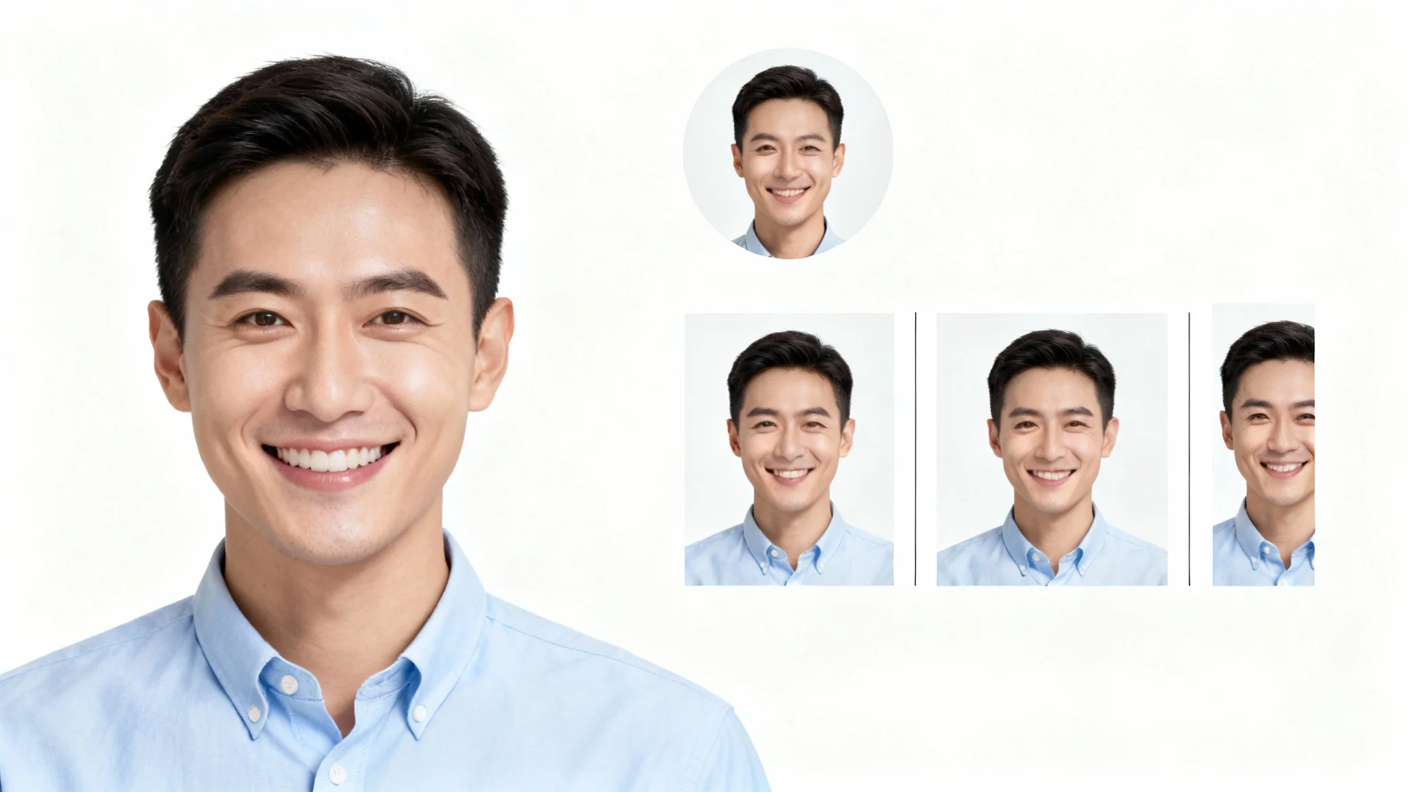 A professional headshot of a smiling man is displayed in its original size next to three smaller, resized versions cropped into a circle, a square, and a rectangle, demonstrating a headshot resizer.