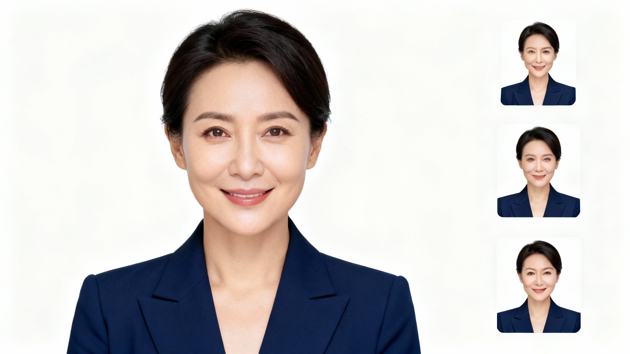 A demonstration of a headshot resizer, showing four versions of a professional woman's headshot at different sizes, all perfectly clear and arranged on a clean white background.