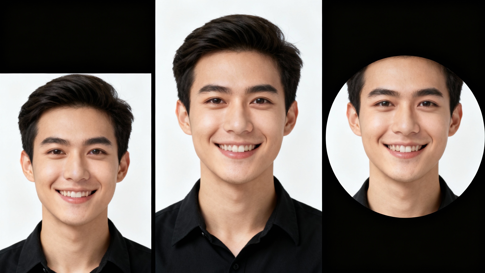 A sequence of three professional headshots of the same man, showing different crops and sizes to represent a headshot resizer tool.