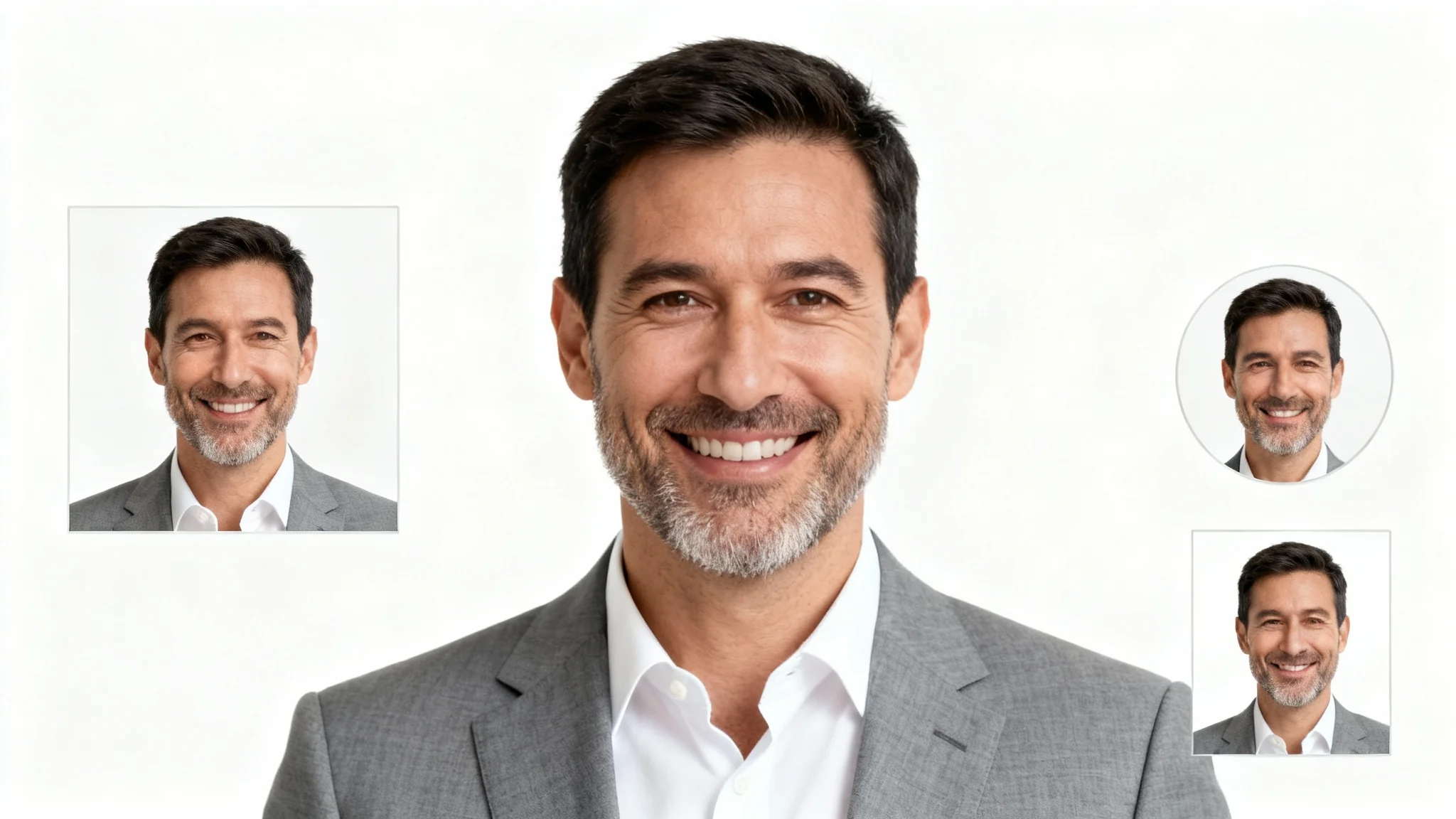 A central, large professional headshot of a man, surrounded by three smaller, resized versions of the same photo in different shapes, demonstrating a headshot resizing tool.