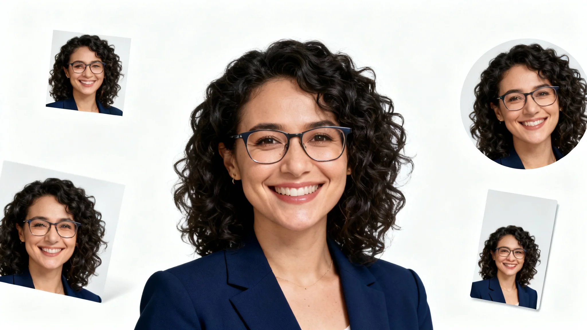 A central professional headshot of a smiling woman, surrounded by several smaller versions of the same photo resized into different shapes like a square and a circle, demonstrating a headshot resizing concept against a white background.