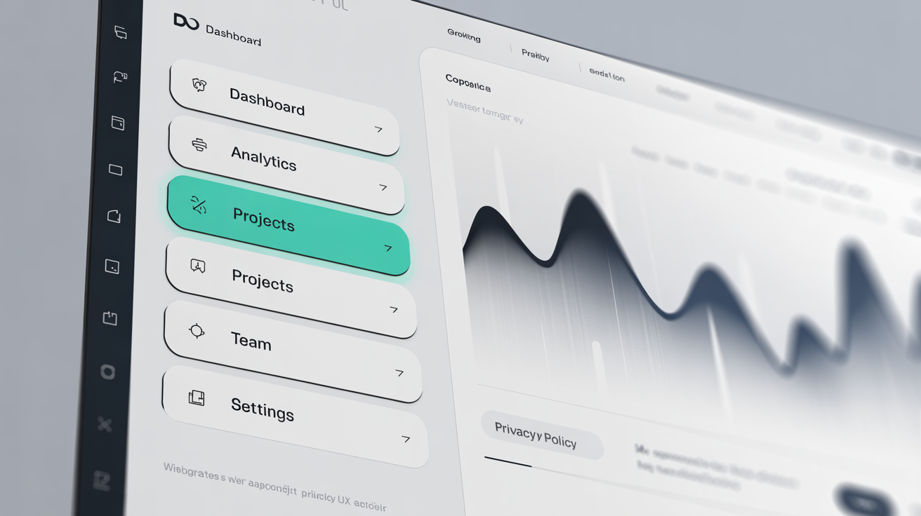 A close-up of a finished vertical menu design on a digital screen, showing interactive menu items like 'Dashboard' and an active 'Projects' tab within a professional application interface.