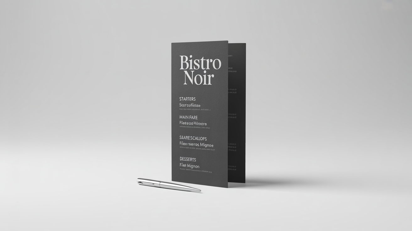 A professional mockup of a modern, vertical restaurant menu for 'BISTRO NOIR' with white text on a dark charcoal background, set against a clean white surface.