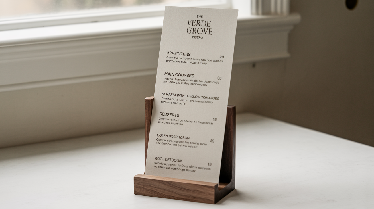 A professional mockup of a vertical restaurant menu for 'The Verde Grove', standing upright on a clean white surface, showcasing a modern and elegant design.
