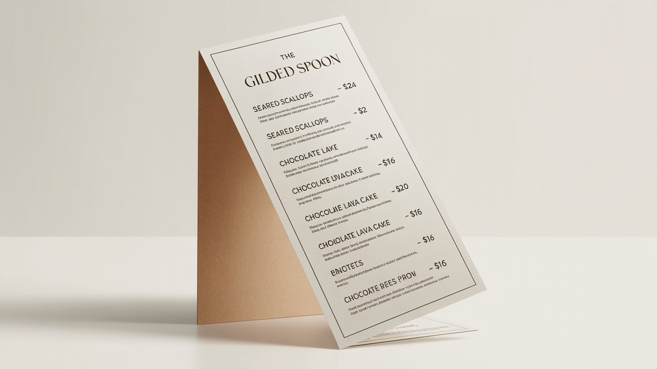 A professionally designed vertical restaurant menu for 'The Gilded Spoon' featuring a clean, modern layout on cream paper, set against a plain white background.