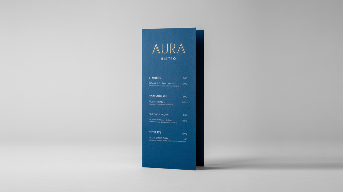 A professional mockup of a tall, vertical, navy blue restaurant menu for 'AURA BISTRO' with elegant gold and white text, standing against a plain white background.