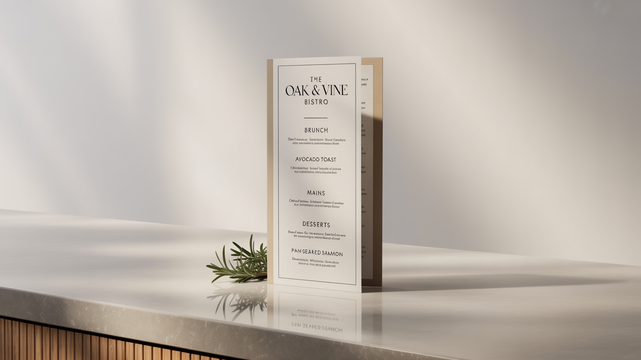 A professional mockup of a tall, vertical restaurant menu for 'The Oak & Vine Bistro' standing on a clean surface against a white background.