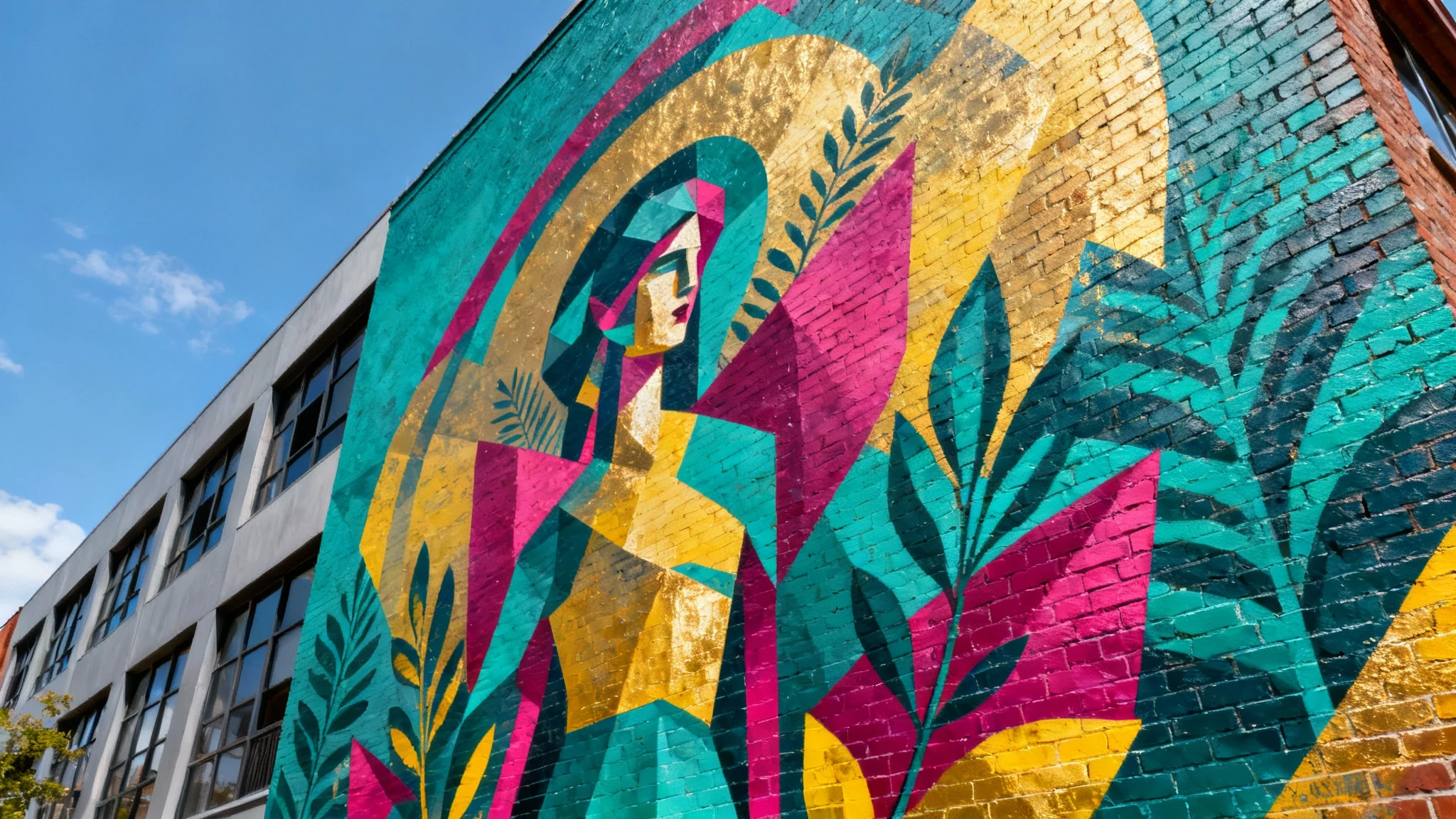 An eye-catching, professionally painted mural on the side of a brick building, featuring a vibrant and colorful abstract design.