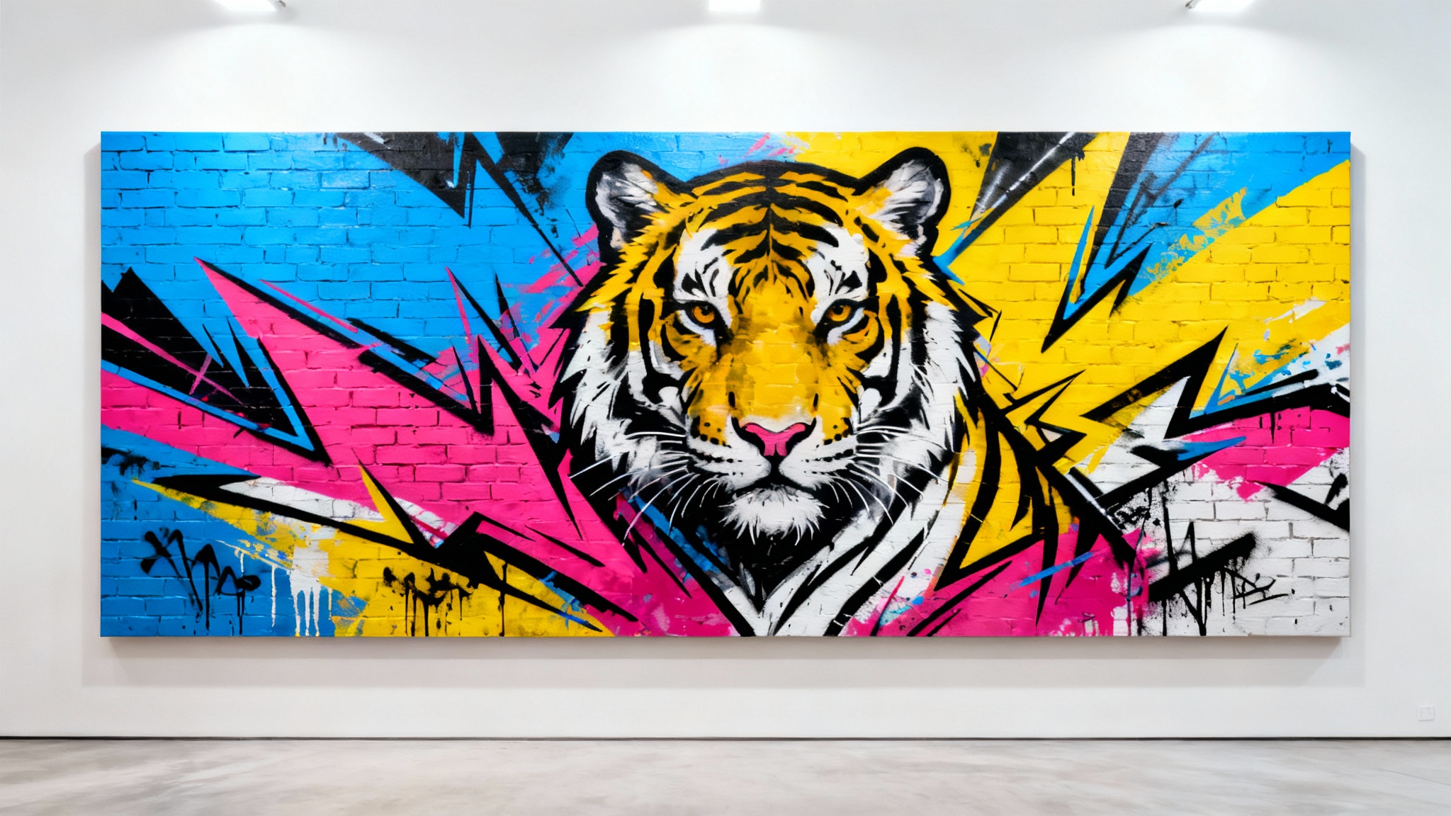 A mockup of a vibrant, contemporary street art mural featuring a stylized tiger's face amidst abstract geometric shapes, presented on a large panel against a white background.