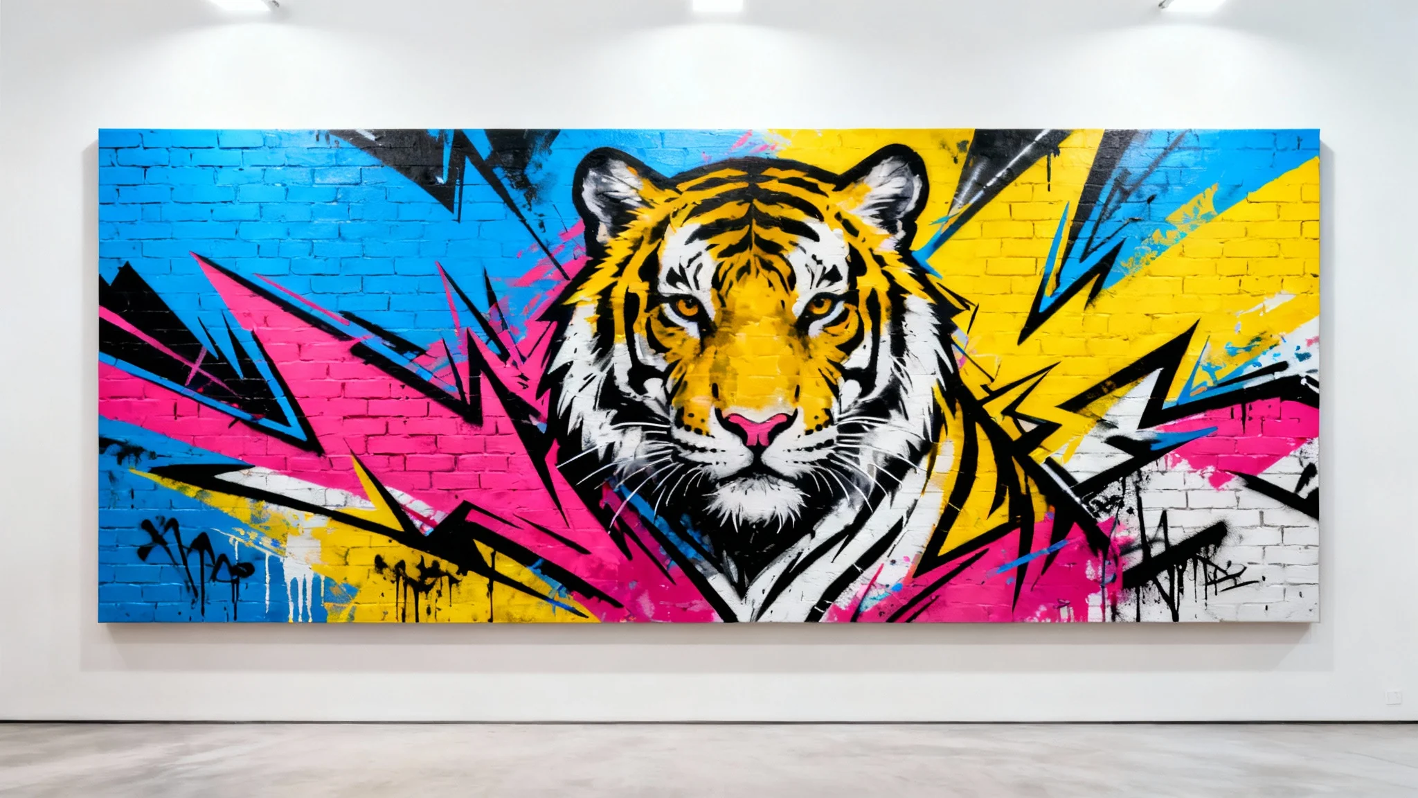 A mockup of a vibrant, contemporary street art mural featuring a stylized tiger's face amidst abstract geometric shapes, presented on a large panel against a white background.