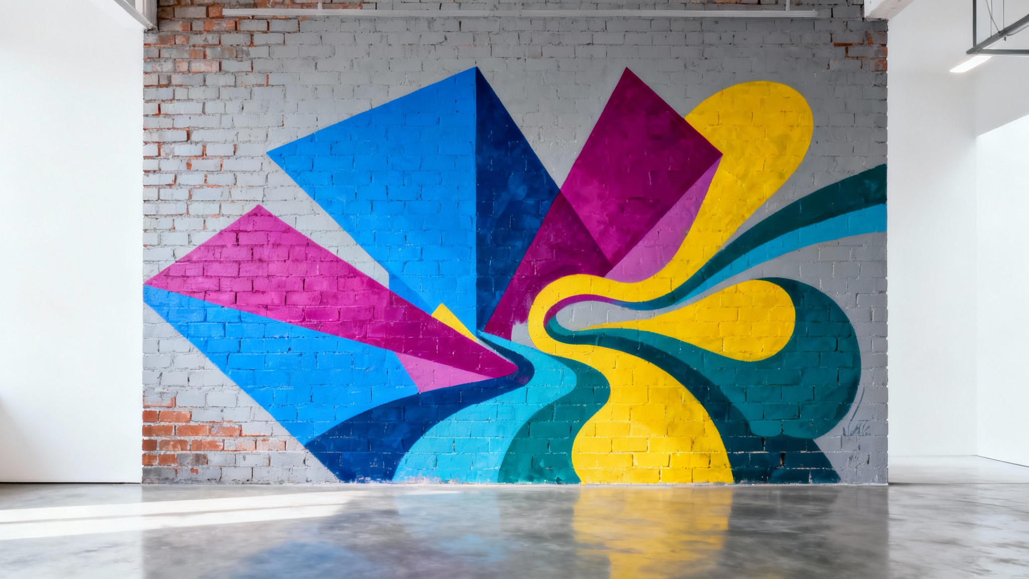 A vibrant and colorful contemporary mural with abstract geometric and organic shapes painted on a clean brick wall in a modern, minimalist setting.