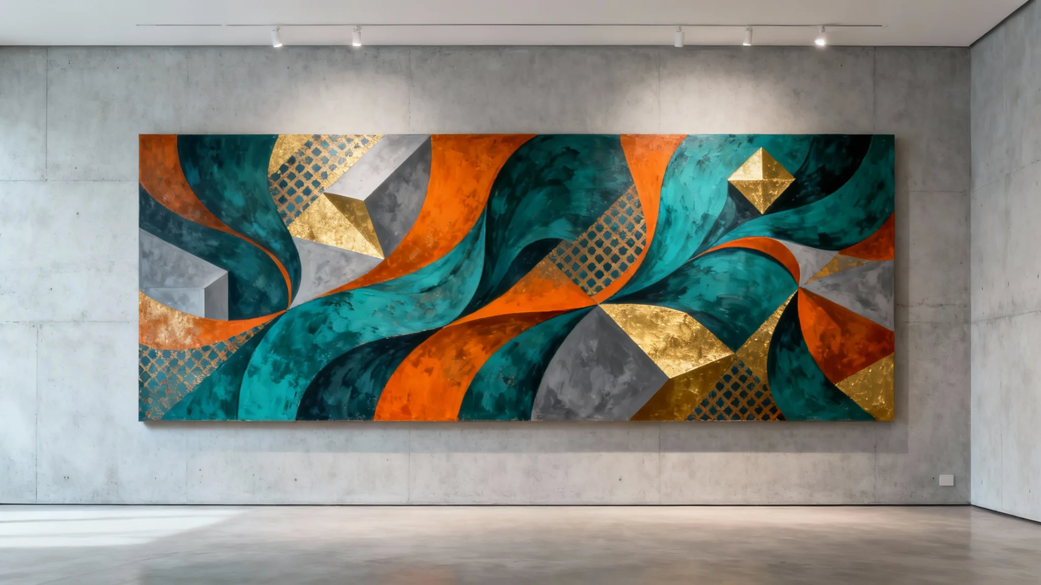 A photorealistic mockup of a large, modern abstract mural on a clean concrete wall, featuring a dynamic mix of organic shapes and geometric patterns in teal, orange, and gold.