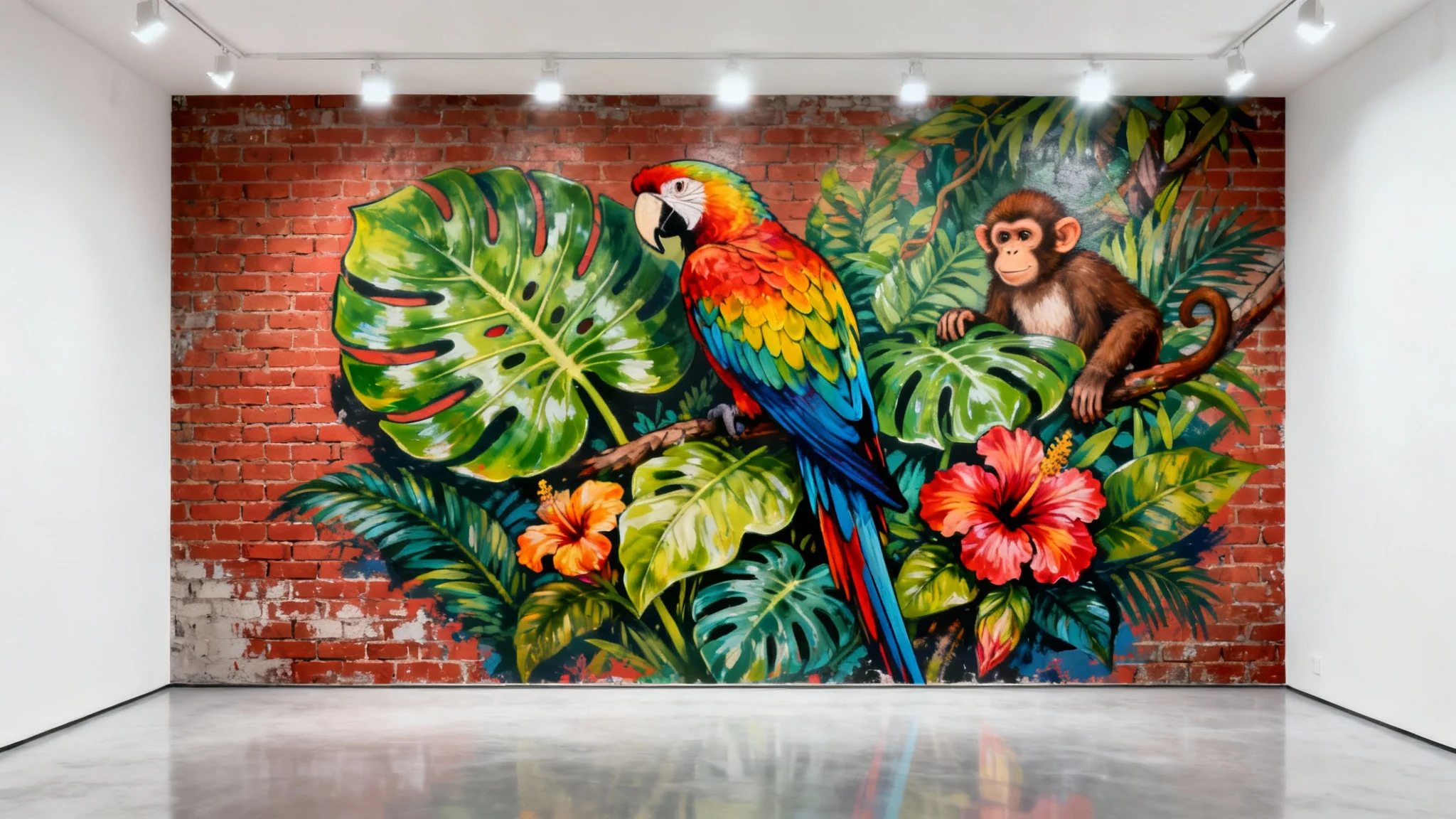 A photorealistic mockup of a large, vibrant mural depicting a tropical jungle scene with a macaw, painted on an exposed brick wall in a clean, minimalist gallery with a white background.