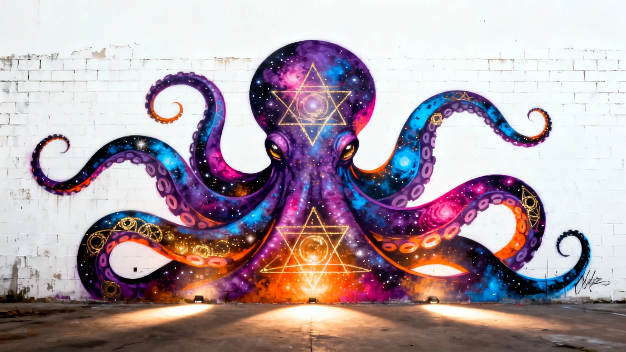 A vibrant and detailed street art mural of a giant, colorful octopus painted on a brick wall, set against a clean white background.